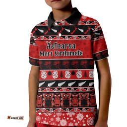 Personalised New Zealand Christmas Kid Polo Shirt Aotearoa Kiwi Meri Kirihimete Red Version