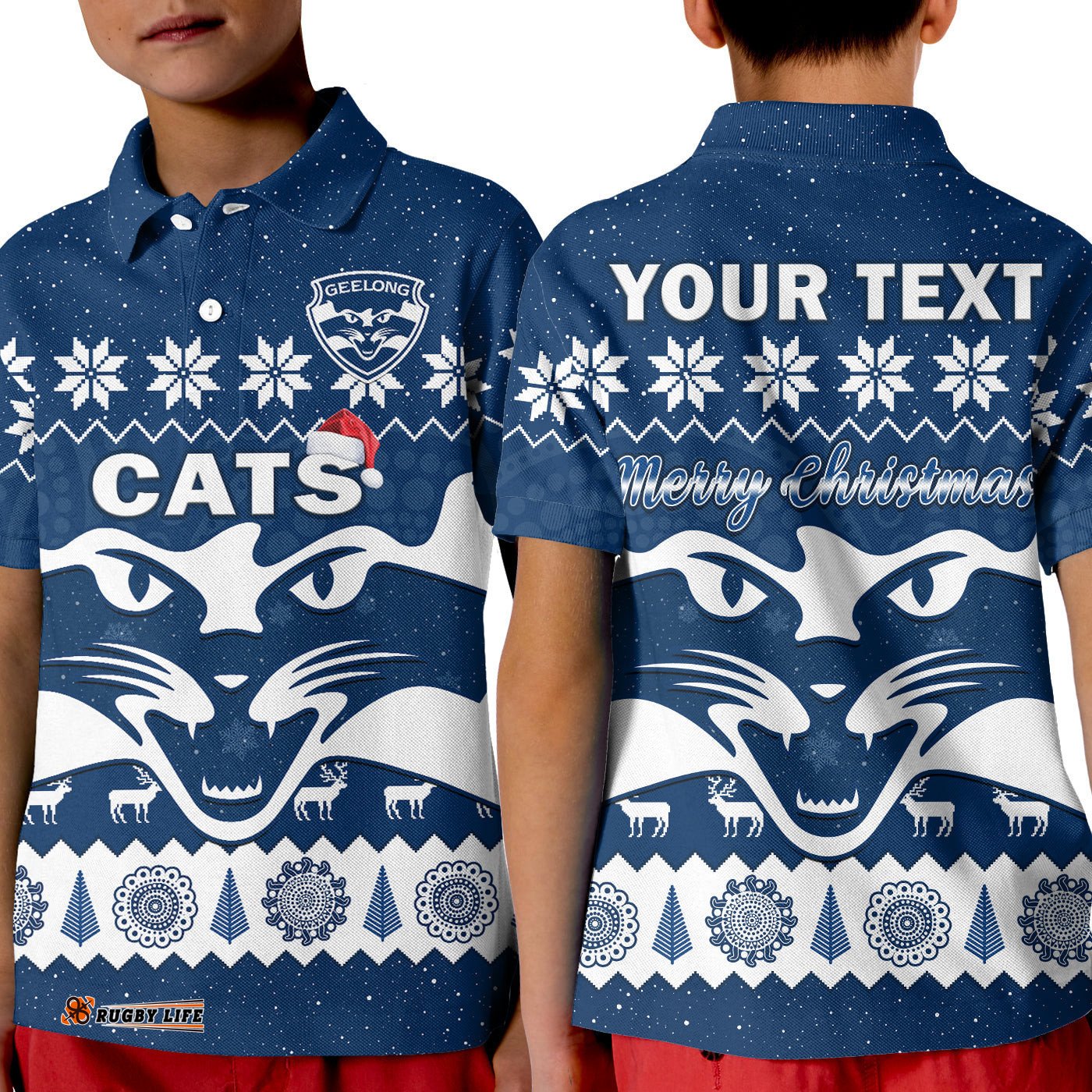 Custom Personalised Cats Football Christmas Polo Shirt KID Geelong Aboriginal Painting