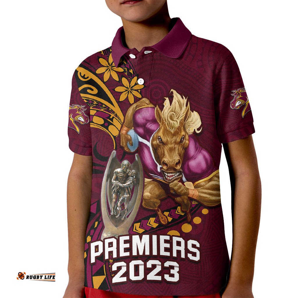 NRL Broncos Premiers Kid Polo Shirt Mascot with Polynesian Pattern Version-