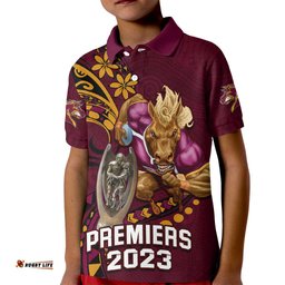 NRL Broncos Premiers Kid Polo Shirt Mascot with Polynesian Pattern Version-
