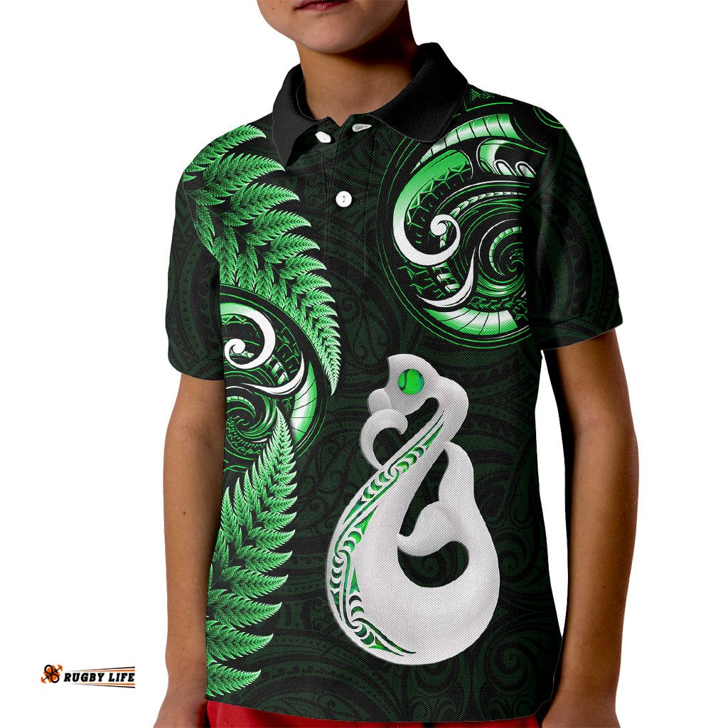 Personalised New Zealand Kid Polo Shirt Aotearoa Silver Fern With Manaia Maori Unique Green