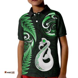 Personalised New Zealand Kid Polo Shirt Aotearoa Silver Fern With Manaia Maori Unique Green