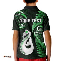 Personalised New Zealand Kid Polo Shirt Aotearoa Silver Fern With Manaia Maori Unique Green