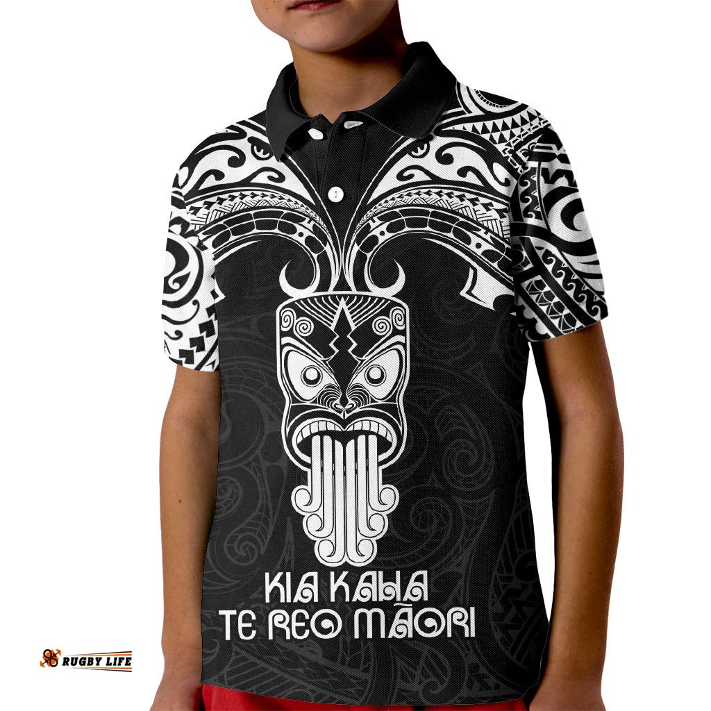 Personalised New Zealand Te Reo Maori Kid Polo Shirt Kia Kaha Maori Language Week Black Style