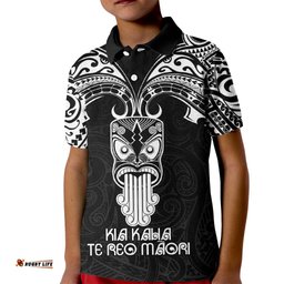 Personalised New Zealand Te Reo Maori Kid Polo Shirt Kia Kaha Maori Language Week Black Style