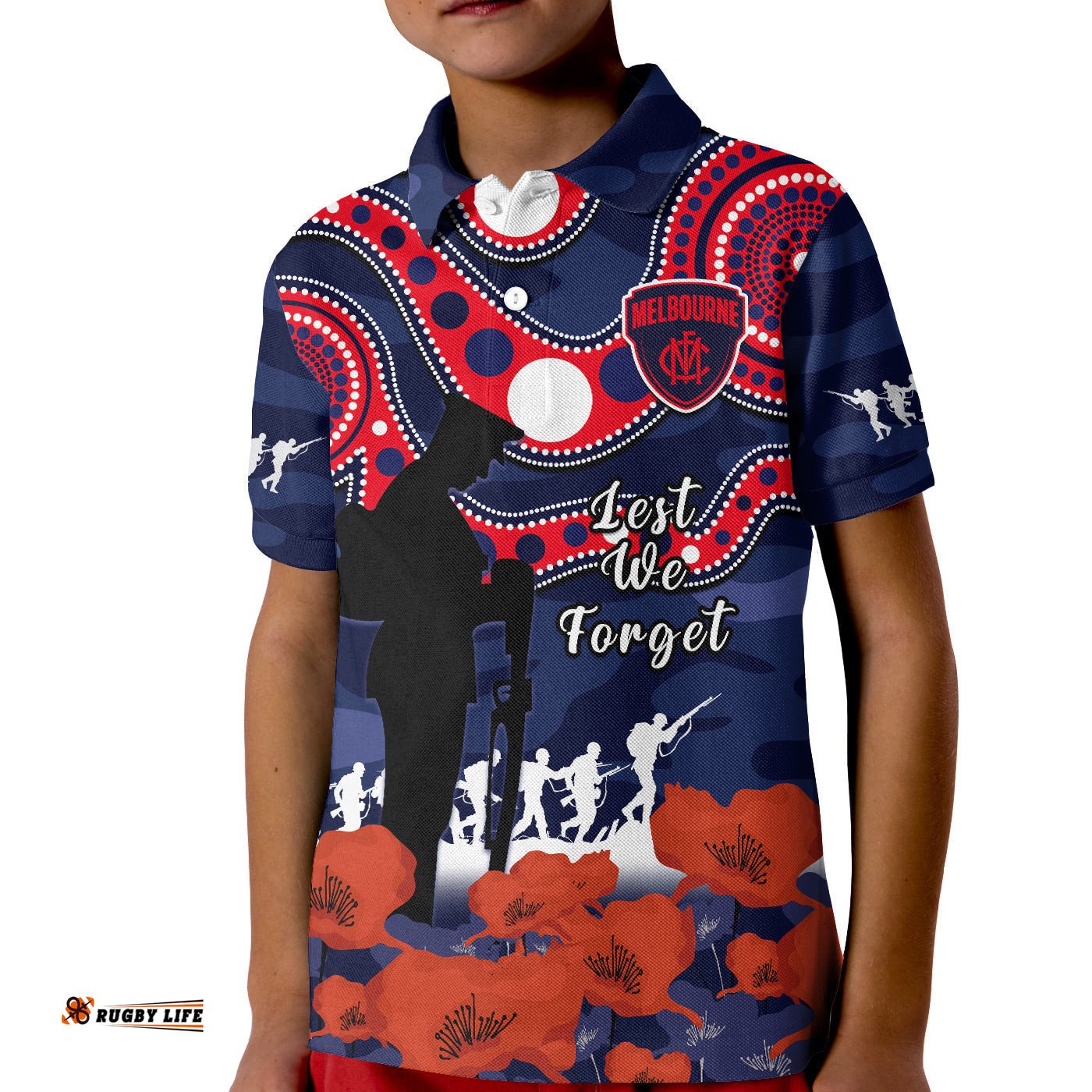 Melbourne Football ANZACPolo Shirt KID Demons Aboriginal Mix Poppy Camouflage