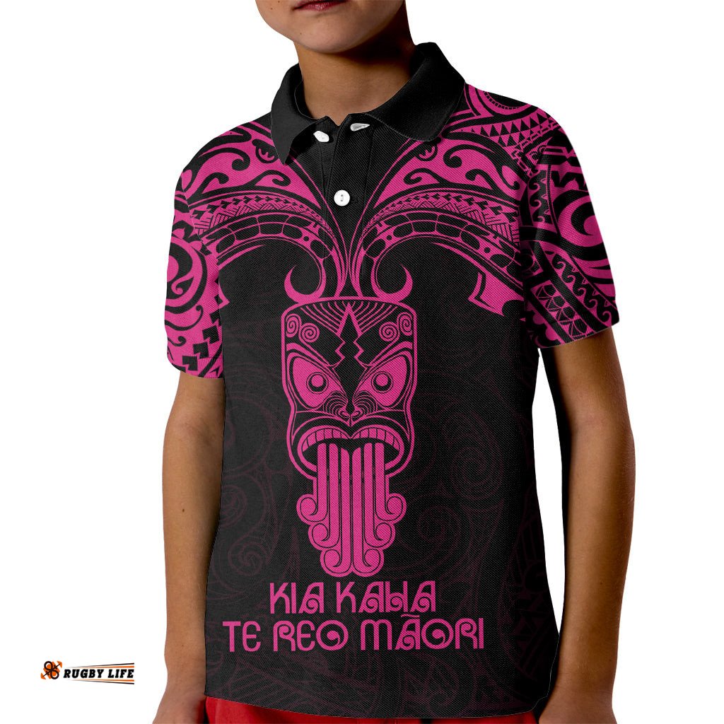 Personalised New Zealand Te Reo Maori Kid Polo Shirt Kia Kaha Maori Language Week Pink Style