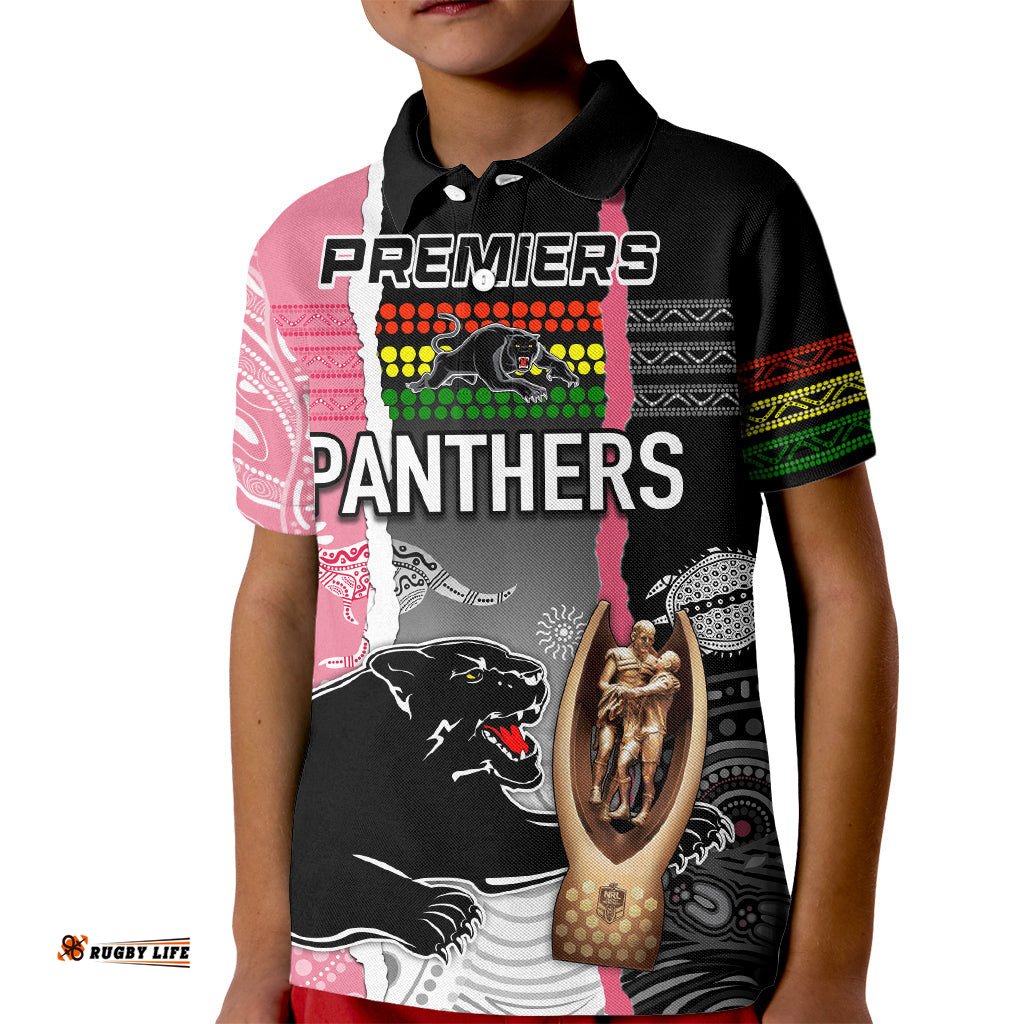 Personalised Panther Rugby NRL Premiers Kid Polo Shirt Panther Pride Black & Pink Aboriginal Mix Art