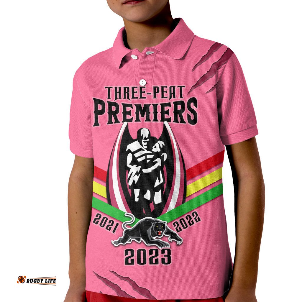 Personalised NRL Panthers Kid Polo Shirt PremiersThree Peat Proud Of Our Boys Pink