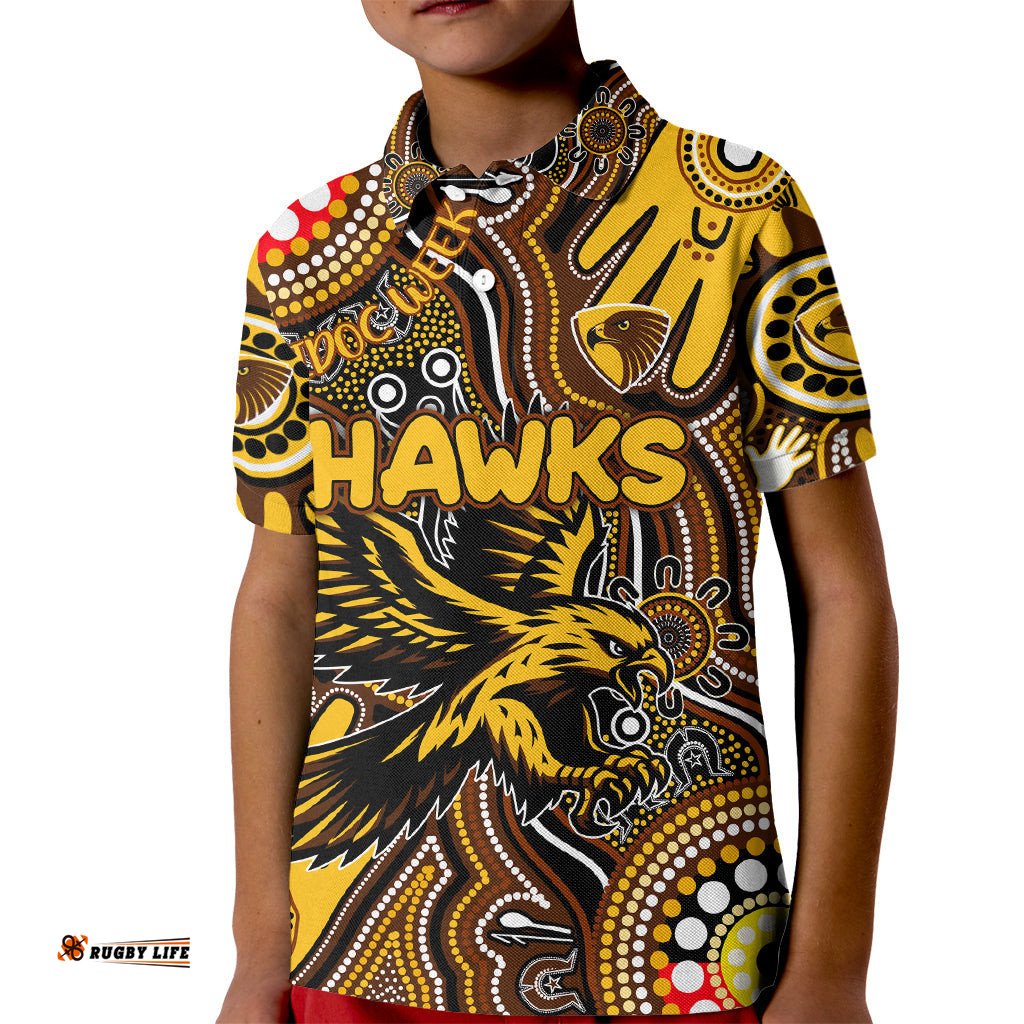 Personalised NAIDOC Week 2024 Hawthorn Hawks Kid Polo Shirt Australian Aboriginal Hand Painting