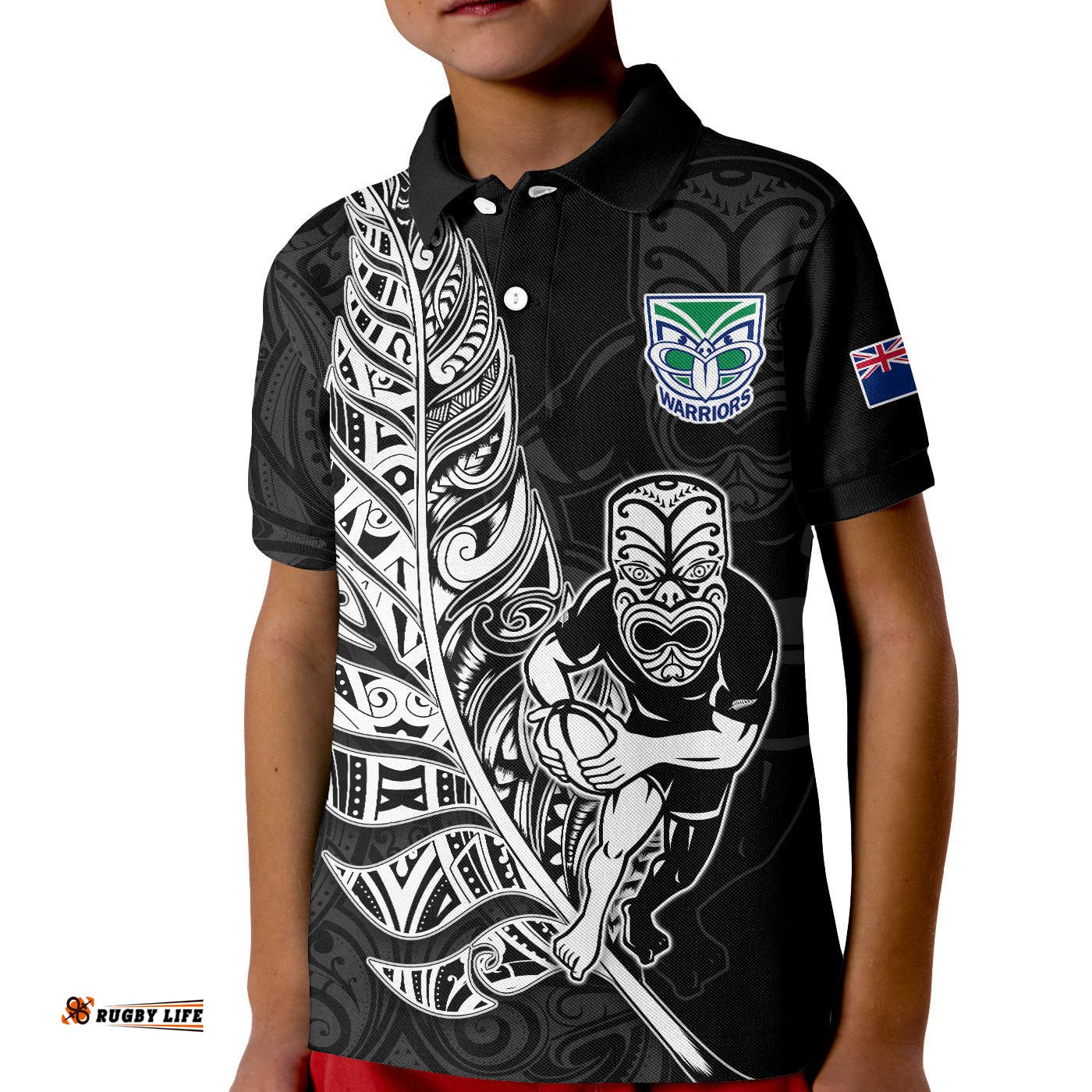 New Zealand Tiki Rugby Polo Shirt KID NZ Warriors Fern Maori Style