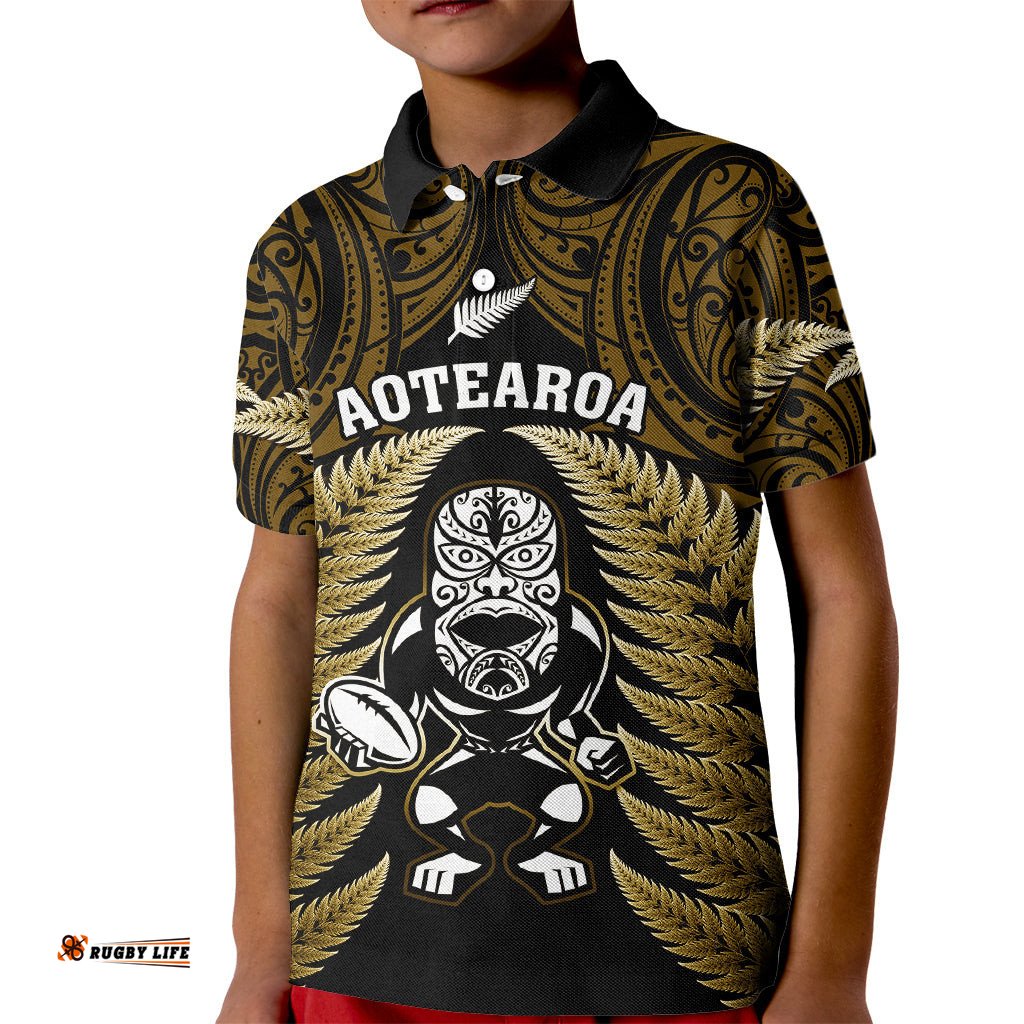 New Zealand Aotearoa Rugby Kid Polo Shirt NZ Tiki With Maori Fern World Cup Gold Version