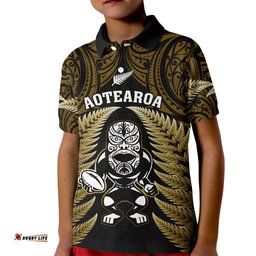 New Zealand Aotearoa Rugby Kid Polo Shirt NZ Tiki With Maori Fern World Cup Gold Version