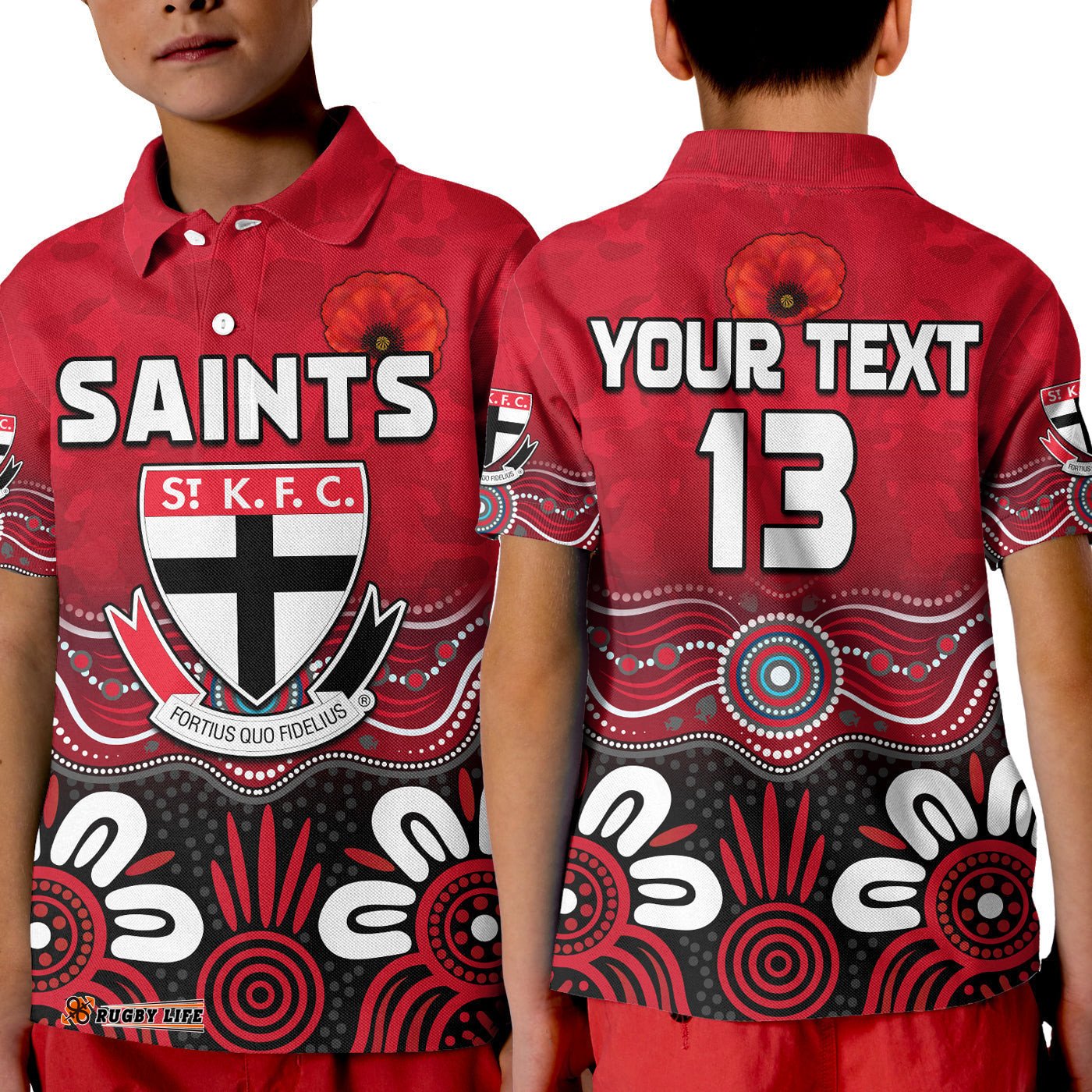 Custom Text and Number Saints AnzacPolo Shirt KID St Kilda Aboriginal Remember Them