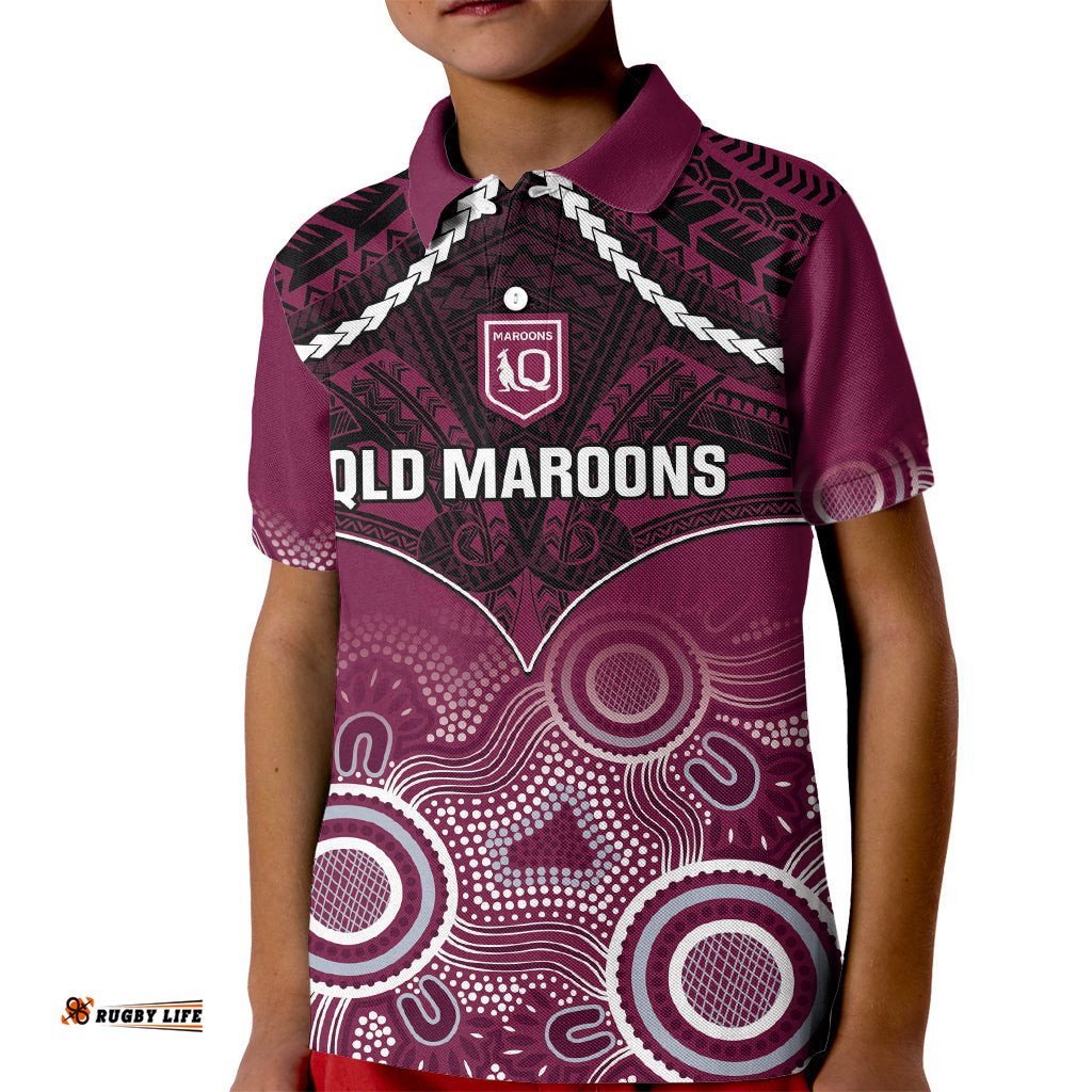 Custom QLD Maroons Rugby Kid Polo Shirt Aboriginal Mix Polynesian Pattern