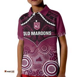 Custom QLD Maroons Rugby Kid Polo Shirt Aboriginal Mix Polynesian Pattern