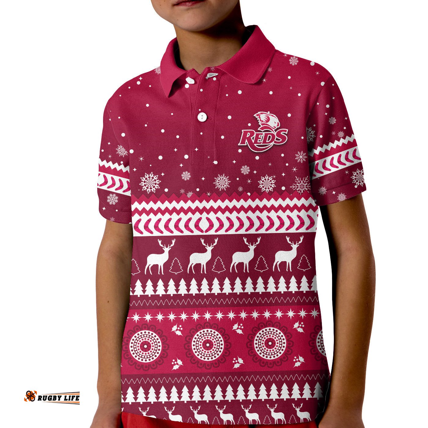 Reds Christmas Polo Shirt KID Queensland Rugby Indigenous