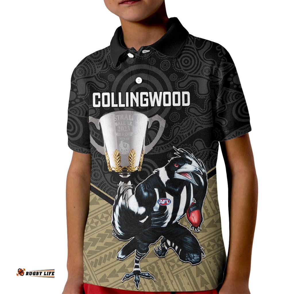 Collingwood Football Kid Polo Shirt Magpies Go ChampionsPolynesian Indigenous Art
