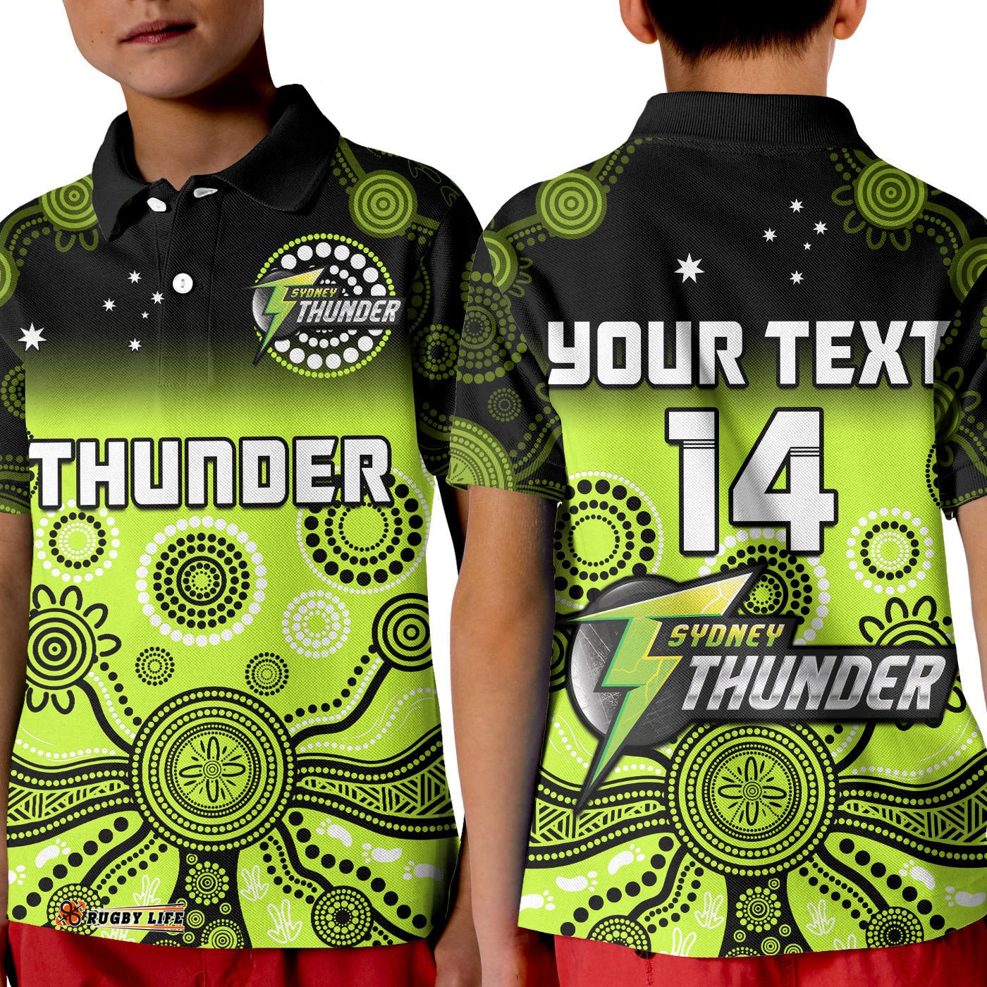 Custom Text And Number Thunder Polo Shirt KID Sydney Gradient Aboriginal Art