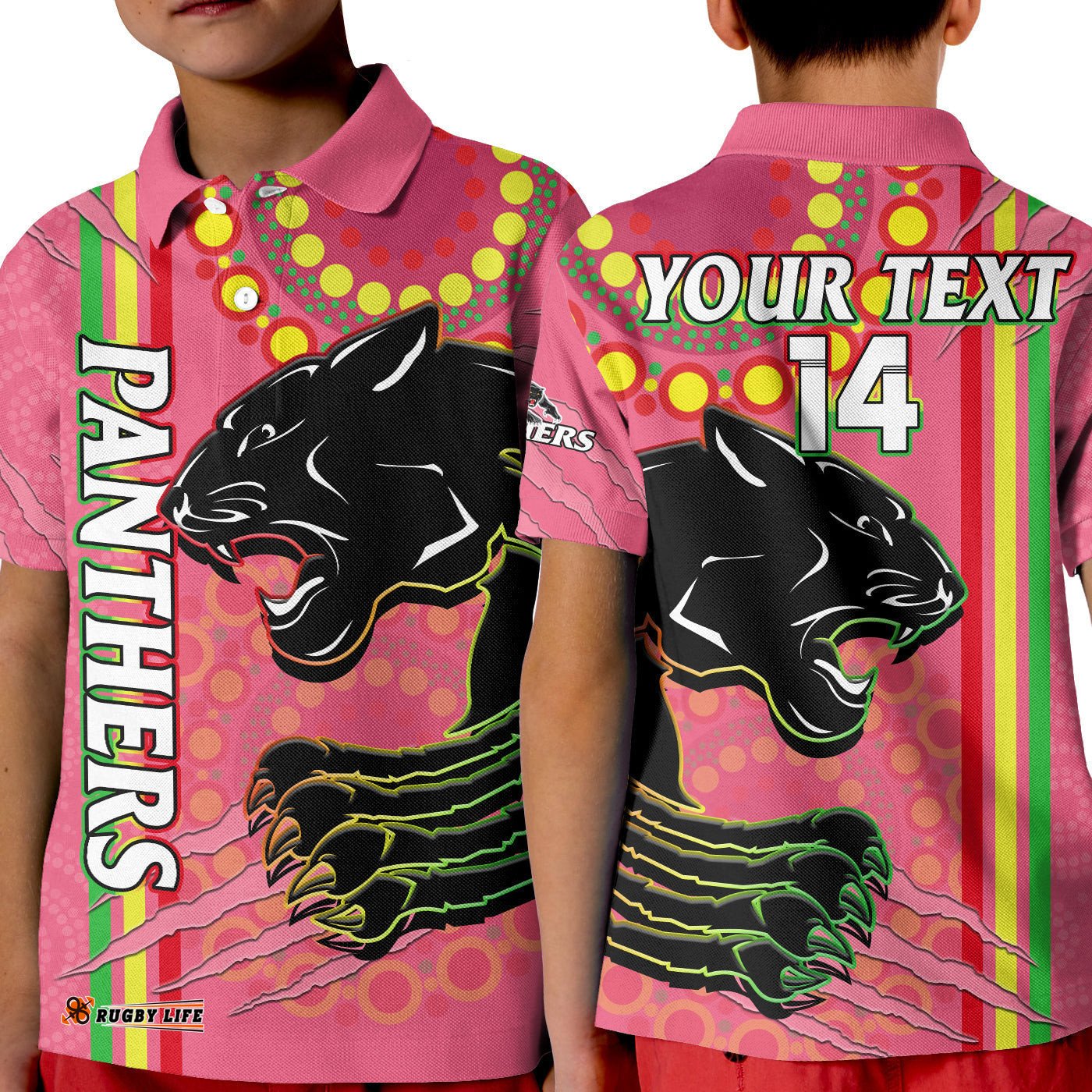 Custom Text And Number Panthers Rugby Polo Shirt KID The Mountain Men Aboriginal Art Dynamic Pink Version