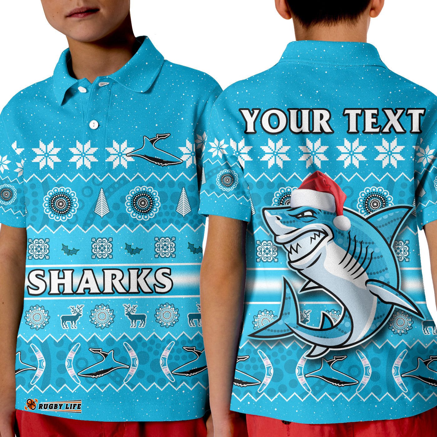 Custom Personalised Sharks Christmas Polo Shirt KID Cronulla Sutherland Aboriginal Art Merry Xmas