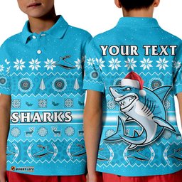 Custom Personalised Sharks Christmas Polo Shirt KID Cronulla Sutherland Aboriginal Art Merry Xmas