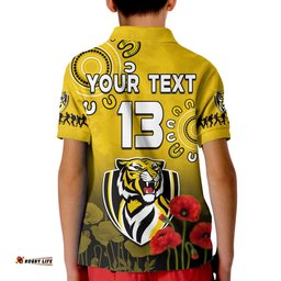 Custom Text and Number Richmond AnzacPolo Shirt KID Tigers Aboriginal Poppy