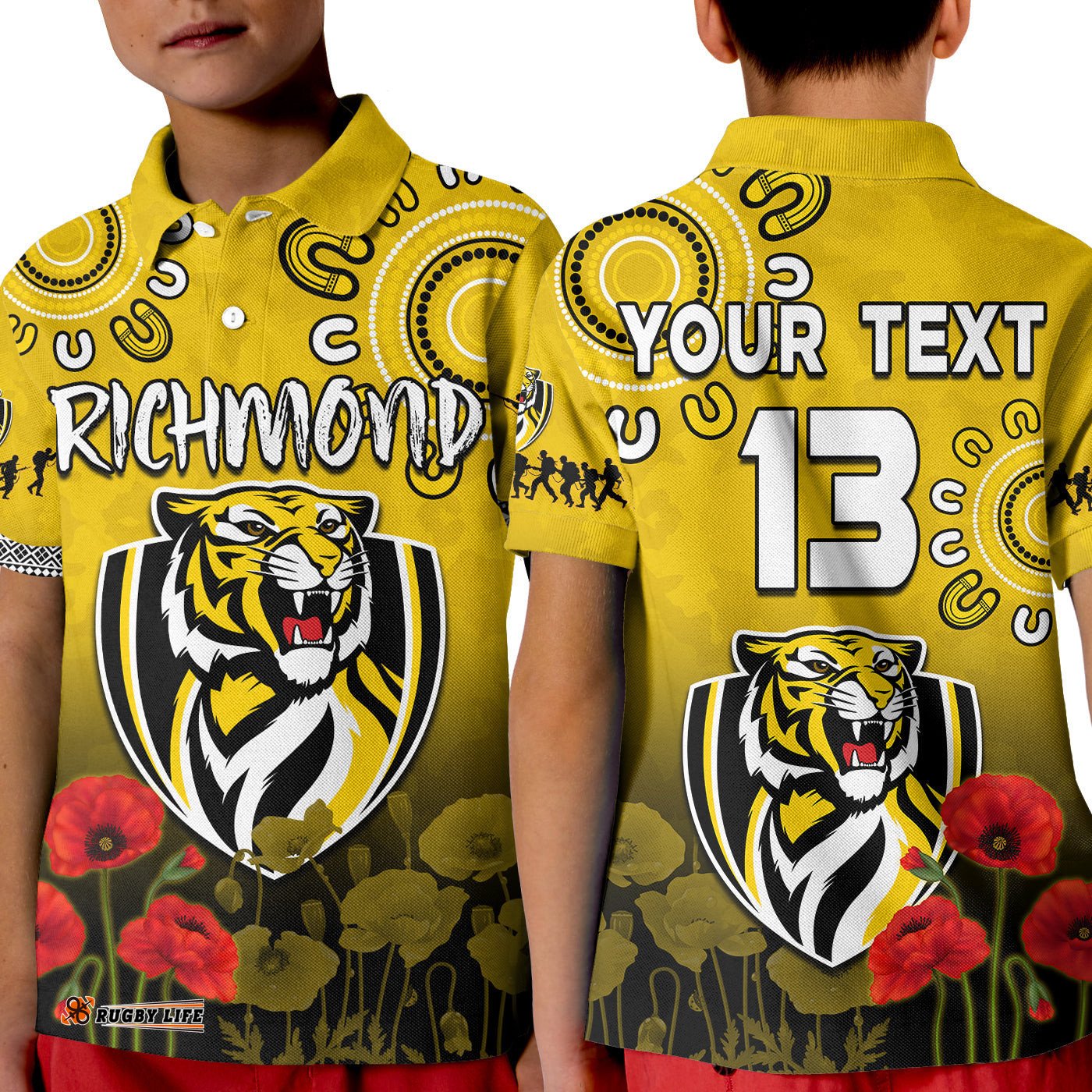 Custom Text and Number Richmond AnzacPolo Shirt KID Tigers Aboriginal Poppy