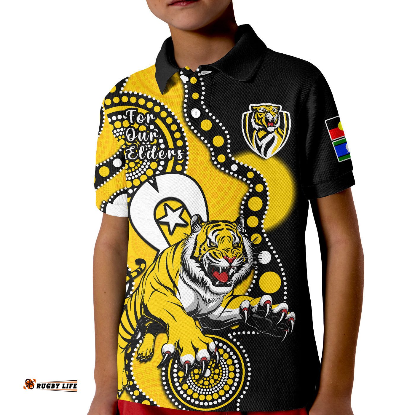 Richmond Football NAIDOCPolo Shirt KID Tigers For Our Elders Indigenous Art