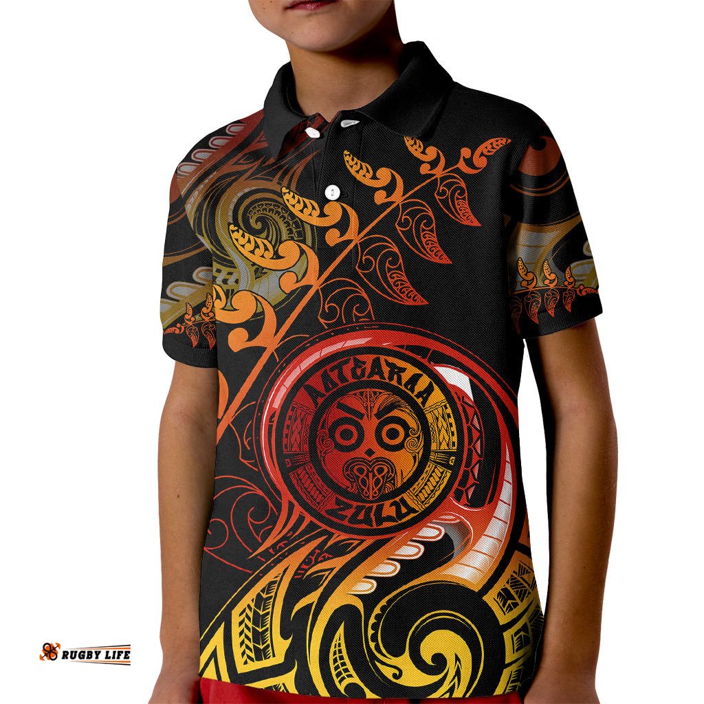 New Zealand Kid Polo Shirt Aotearoa Wisdom Face Maori Fern Tattoo Arty