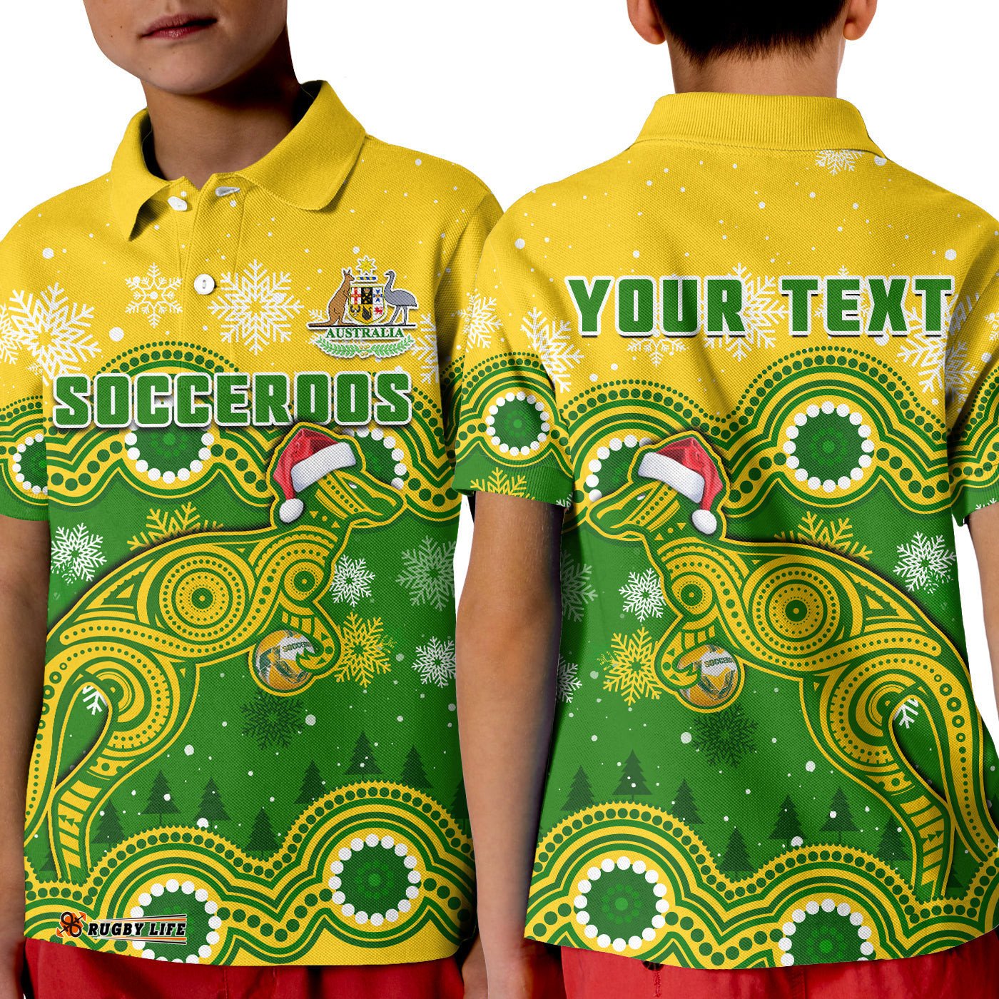 Custom Personalised Australia Soccer Christmas Polo Shirt KID Socceroos Indigenous Kangaroo
