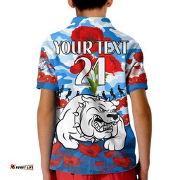 Custom Text And Number Bulldogs Rugby ANZAC Kid Polo Shirt Lest We Forget