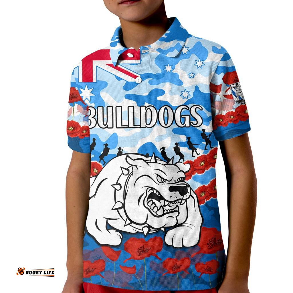 Custom Text And Number Bulldogs Rugby ANZAC Kid Polo Shirt Lest We Forget
