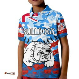 Custom Text And Number Bulldogs Rugby ANZAC Kid Polo Shirt Lest We Forget