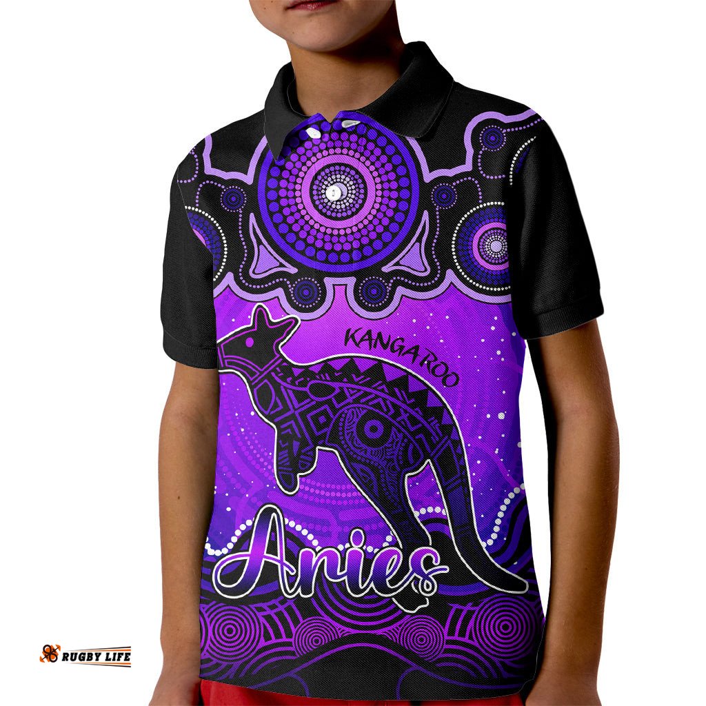 Personalised Australia Aries Kangaroo Zodiac Kid Polo Shirt Auz Astrology Aboriginal - Purple