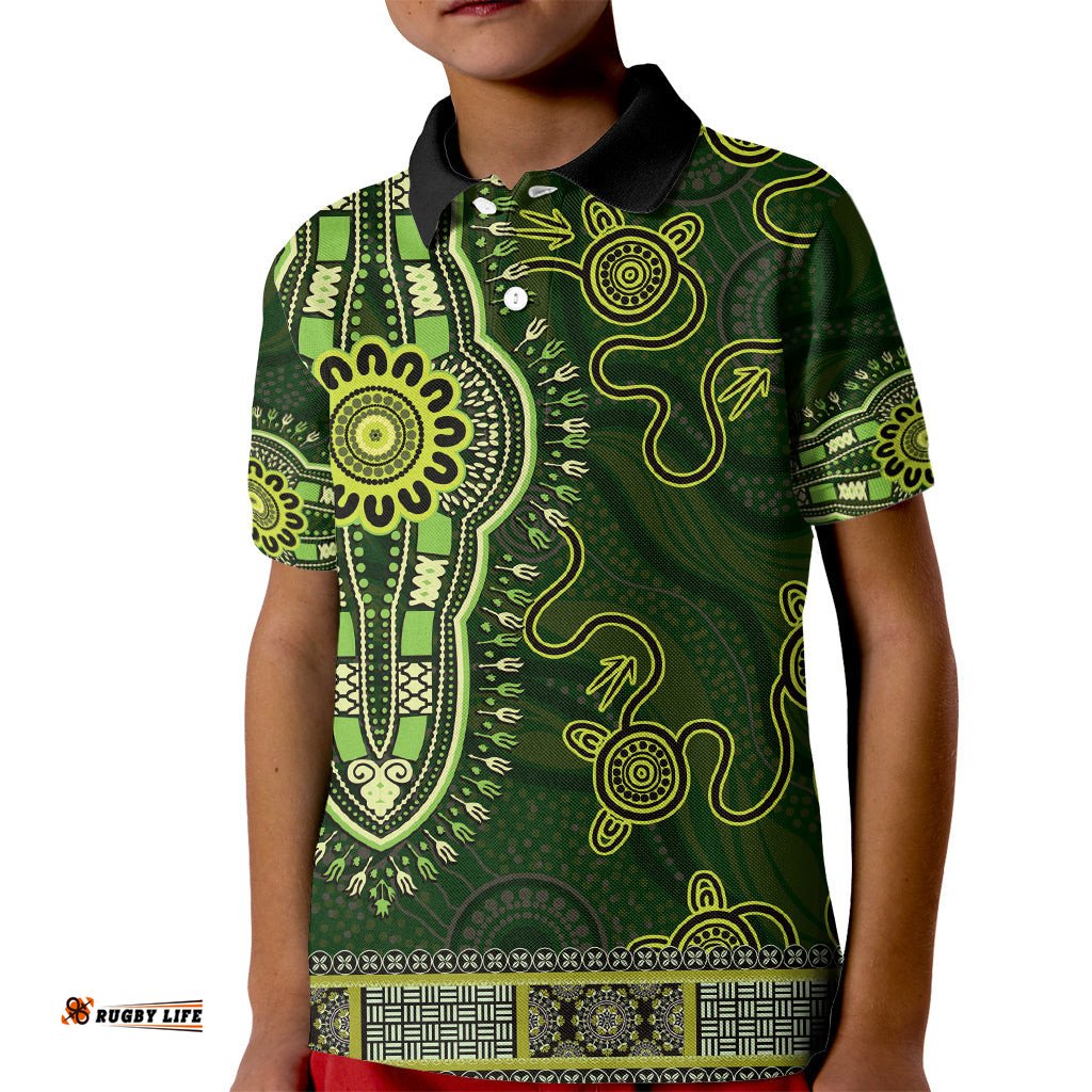 Lime Green African Dashiki With Australia Aboriginal Art Kid Polo Shirt