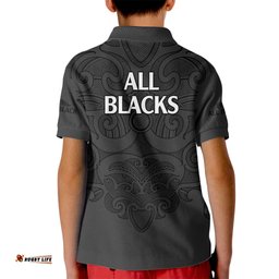 New Zealand Rugby Kid Polo Shirt All Black Fern with Maori Tribal Pattern
