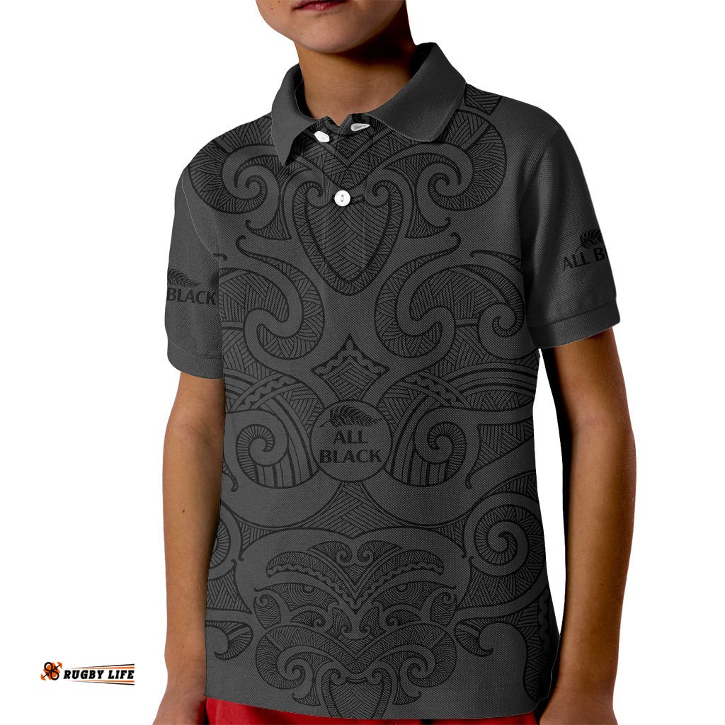 New Zealand Rugby Kid Polo Shirt All Black Fern with Maori Tribal Pattern