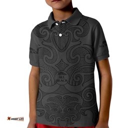 New Zealand Rugby Kid Polo Shirt All Black Fern with Maori Tribal Pattern