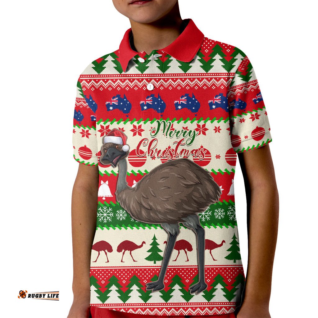 Australia Christmas Kid Polo Shirt Aussie Emu Santa Merry Xmas