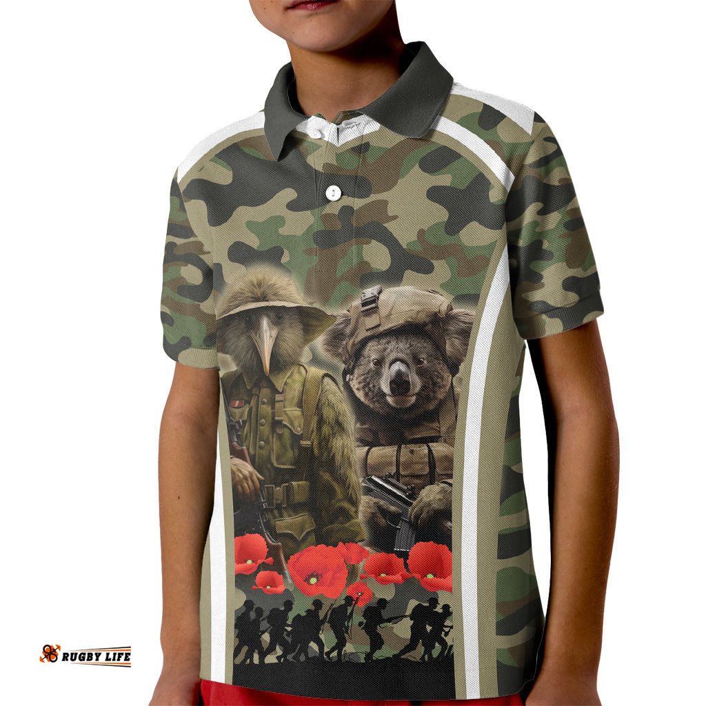 New Zealand and Australia ANZAC Day Kid Polo Shirt Koala and Kiwi Bird Soldier Gallipoli Camouflage Style