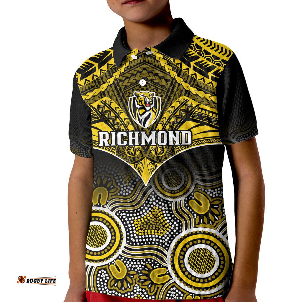 Personalised Richmond Football Kid Polo Shirt Tigers Aboriginal Mix Polynesian Pattern