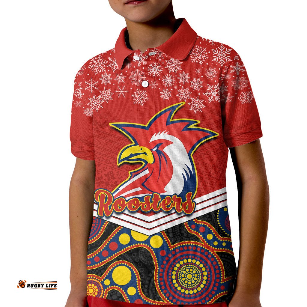 Custom Roosters Rugby Christmas Kid Polo Shirt Merry XmasMix Aboriginal Art