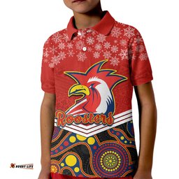 Custom Roosters Rugby Christmas Kid Polo Shirt Merry XmasMix Aboriginal Art