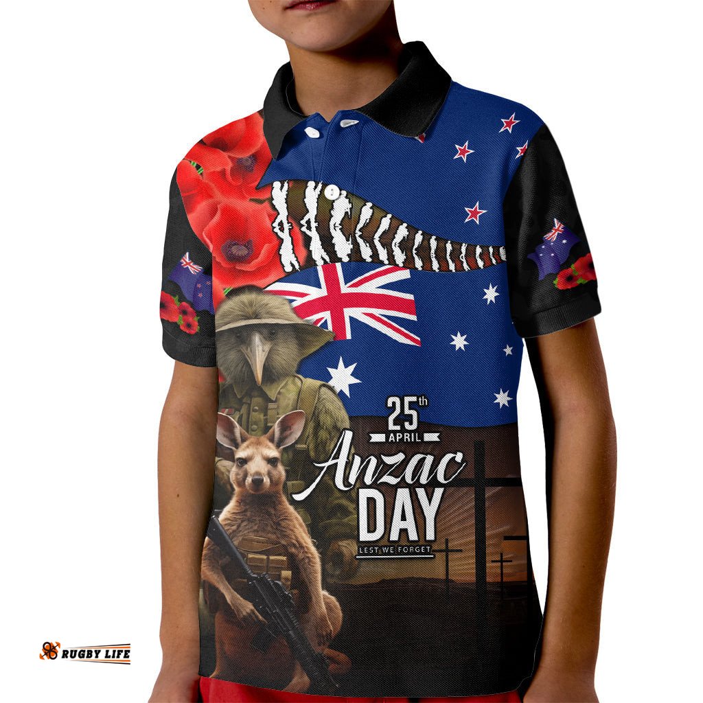 New Zealand and Australia ANZAC Day Kid Polo Shirt National Flag mix Kiwi Bird and Kangaroo Soldier Style