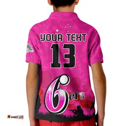 Custom Text and Number Sydney Sixers Cricket Polo Shirt KID Anzac Day Camouflage Poppy Lest We Forget