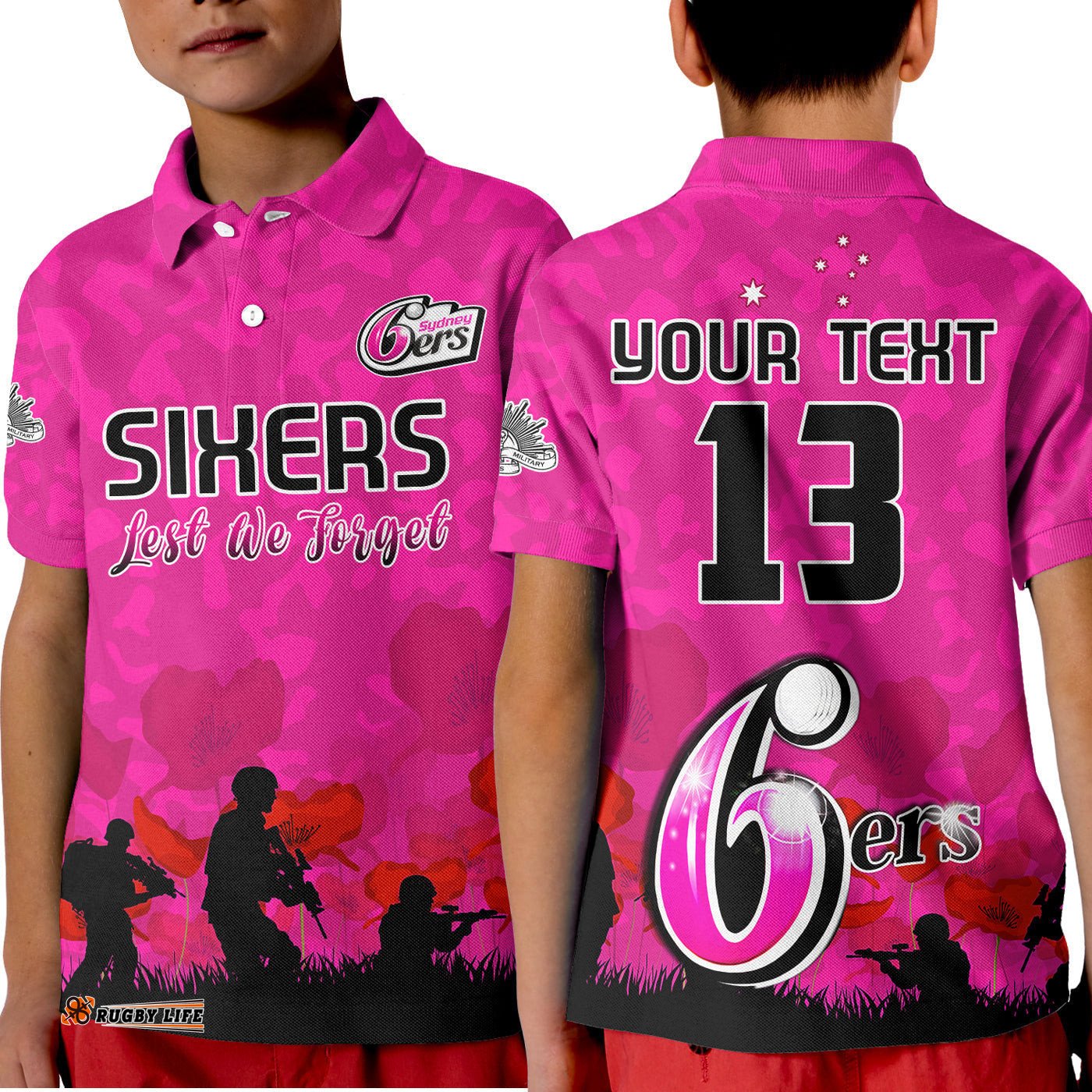 Custom Text and Number Sydney Sixers Cricket Polo Shirt KID Anzac Day Camouflage Poppy Lest We Forget