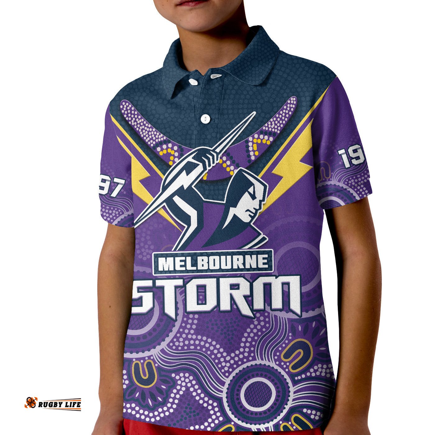 Melbourne Storm Rugby Polo Shirt KID Indigenous Boomerang Gradient Style
