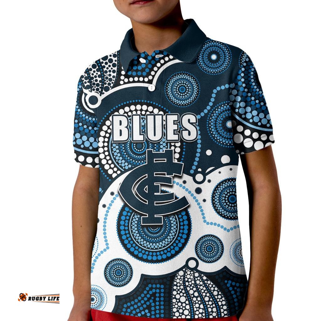 Custom Personalised And Number Blues AFL Kid Polo Shirt Aboriginal Patterns