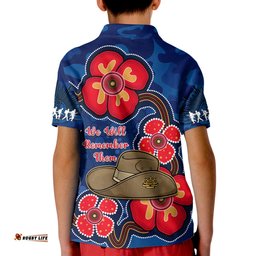 Australia ANZAC Polo Shirt KID Lest We Forget Camouflage Mix Aboriginal Poppies And Slouch Hat